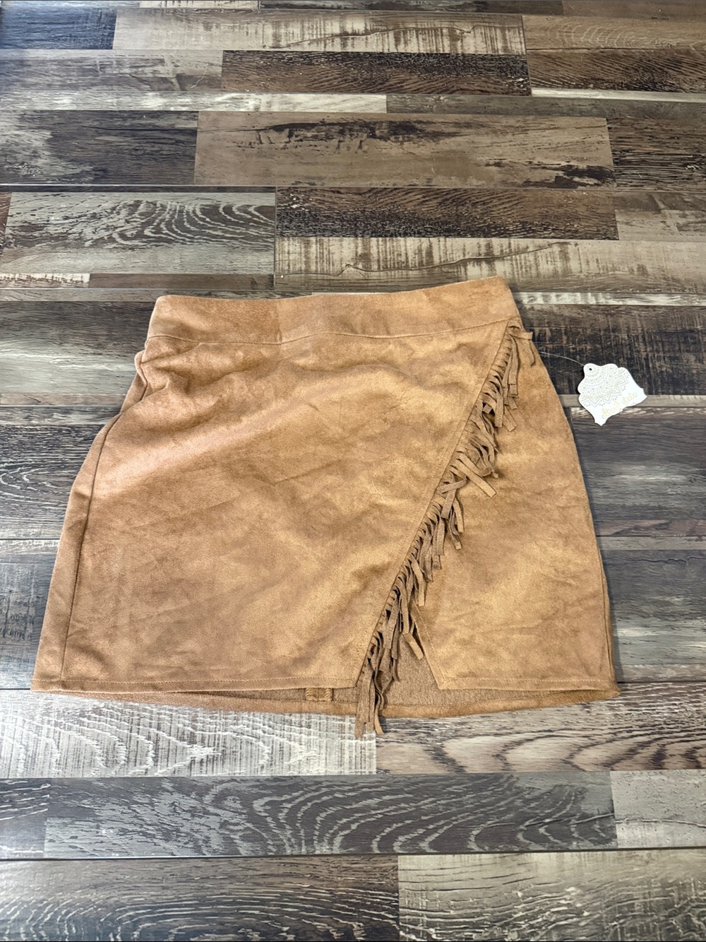 Altar'd State Tan Suede-Feel Fringe Wrap Mini Skirt